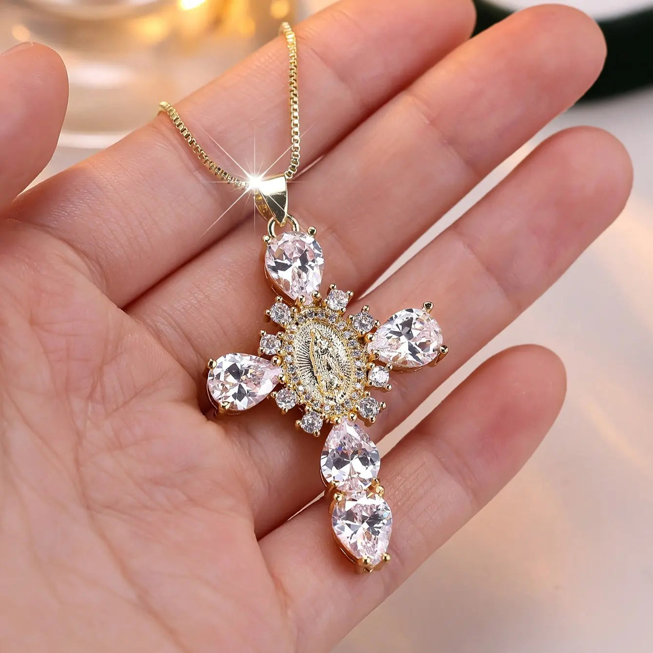 Virgin Mary Cubic Zircon Cross Pendant Necklace Dear Fancy