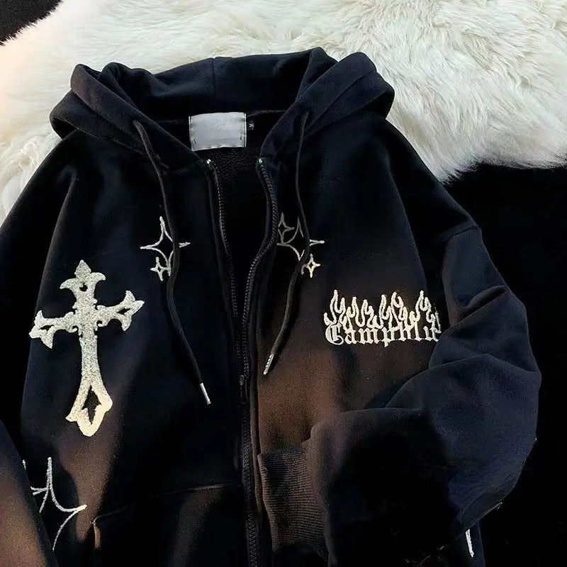 Women's Oversized Zip-Up Hoodies Gothic Hip Hop Streetwear Female Hoodies with Harajuku Embroidery Y2K Full Jacket Dear Fancy