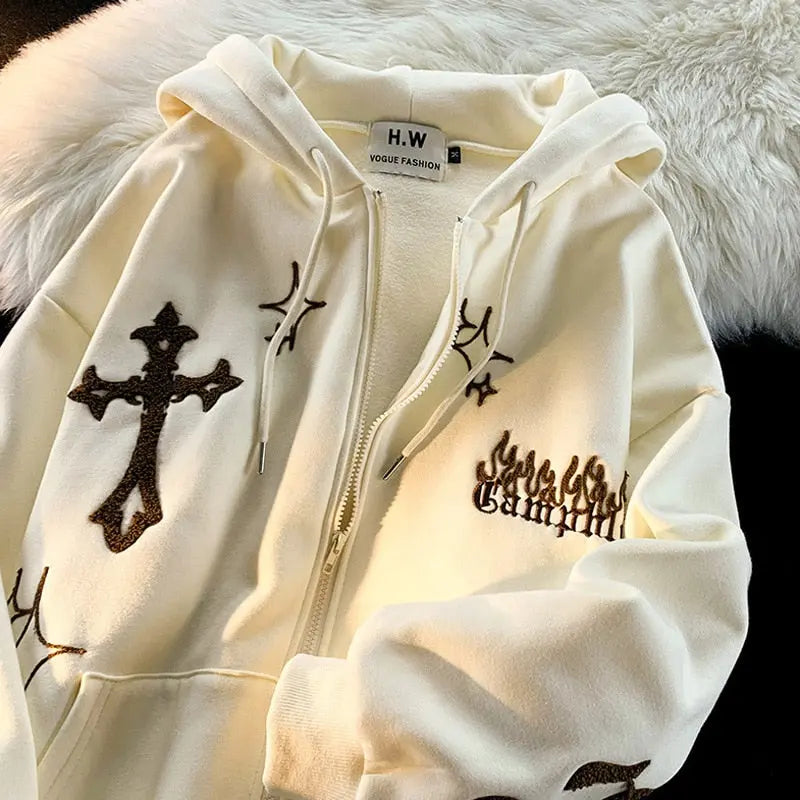 Women's Oversized Zip-Up Hoodies Gothic Hip Hop Streetwear Female Hoodies with Harajuku Embroidery Y2K Full Jacket Dear Fancy