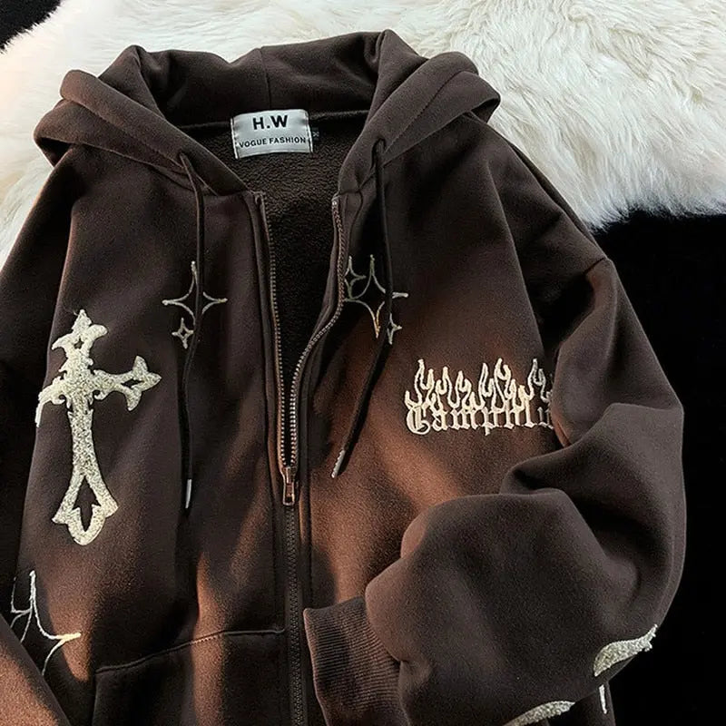 Women's Oversized Zip-Up Hoodies Gothic Hip Hop Streetwear Female Hoodies with Harajuku Embroidery Y2K Full Jacket Dear Fancy