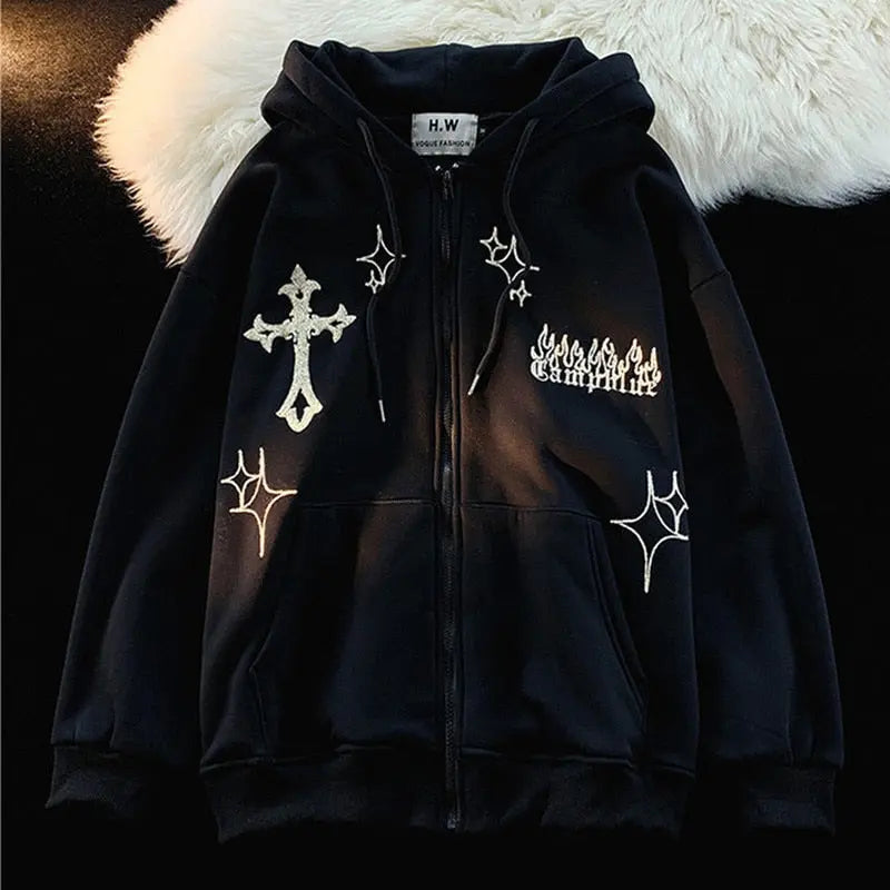 Women's Oversized Zip-Up Hoodies Gothic Hip Hop Streetwear Female Hoodies with Harajuku Embroidery Y2K Full Jacket Dear Fancy
