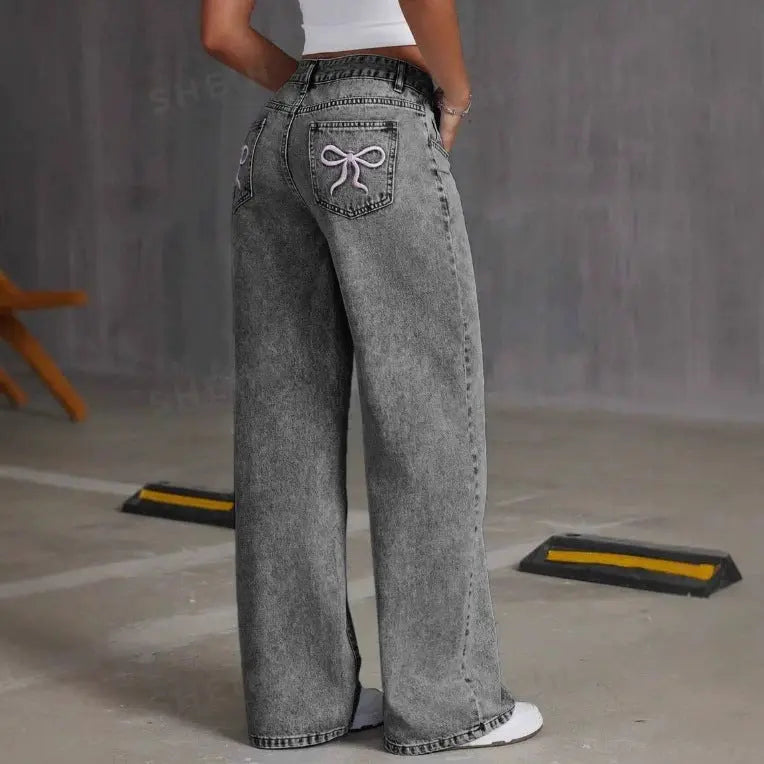Women's Straight Loose Jeans with Bow Sewn Vintage Jeans Dear Fancy