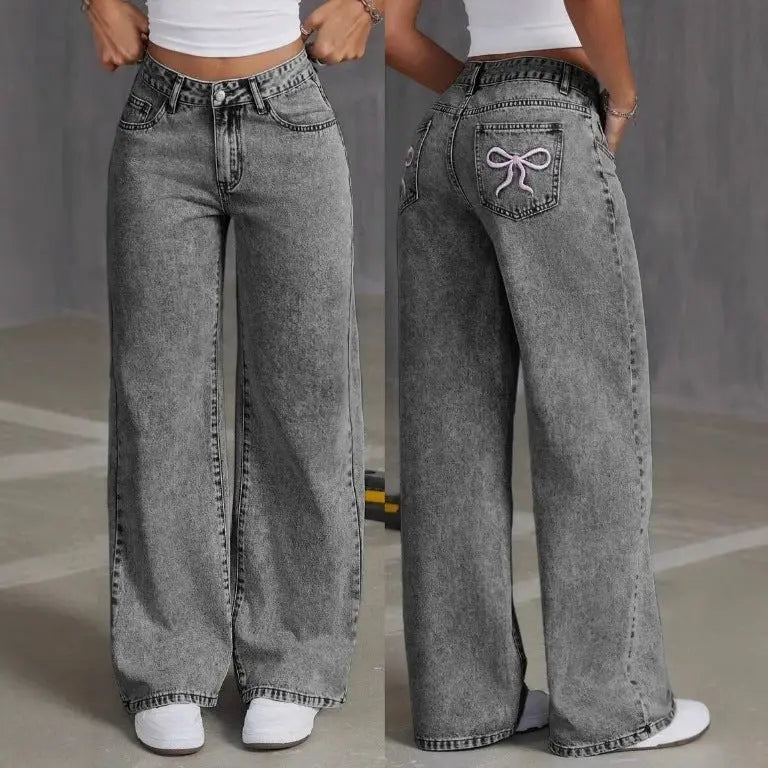 Women's Straight Loose Jeans with Bow Sewn Vintage Jeans Dropshipman