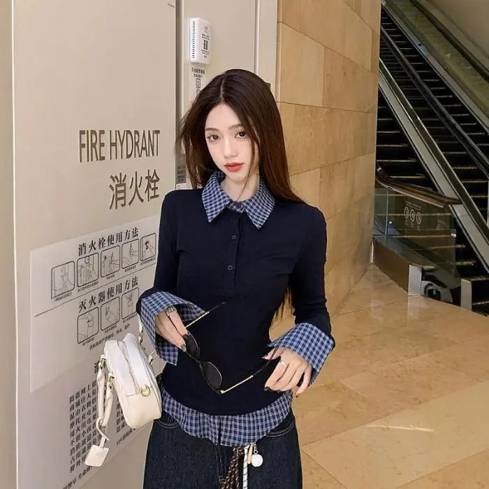 Two-piece Slim Fit Top with Polo Collar Bottoming Dropshipman