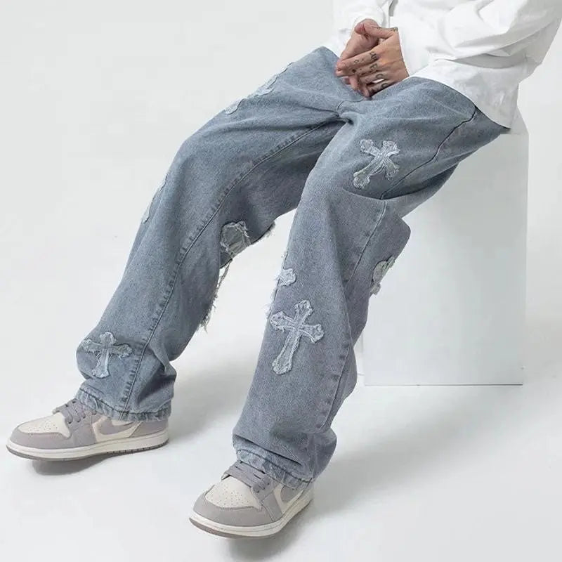 Men Streetwear Baggy Jeans Trousers Cross Hip Hop Mens Loose Pants Denim Jeans Dear Fancy